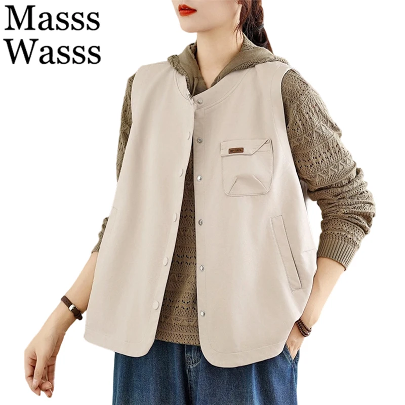 Masss Wasss Spring Vintage Soild PU Vest Ladies Korean Fashion Elegant Sleeveless Coats Womens Leisure Loose Classic Waistcoats