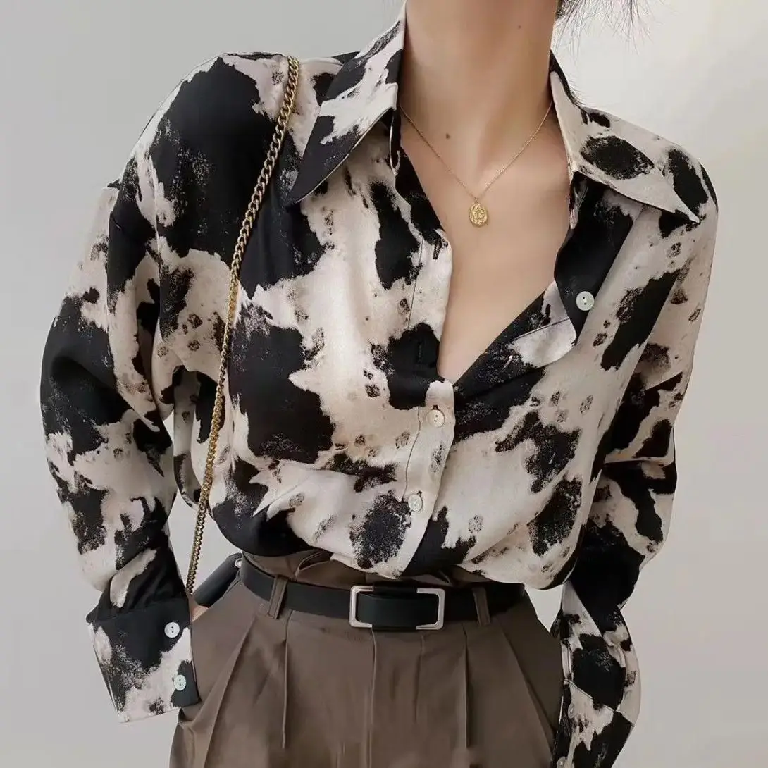 Large Size Button-Down Shirt Women Cow Print Chiffon Top Korean Style Fashion Clothing Street Long-Sleeved  Autumn New Style