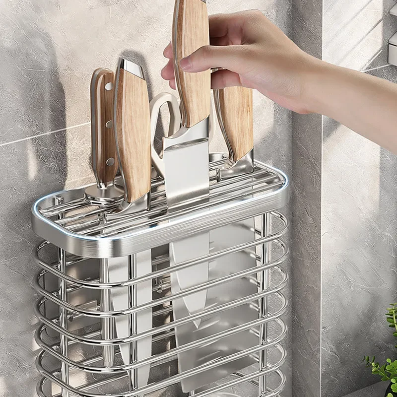 Stainless Steel Knife Holder Multifunctional Wall Mounted Kitchen Chef Knives Drain Storage Rack Home Countertop Organizer Tool