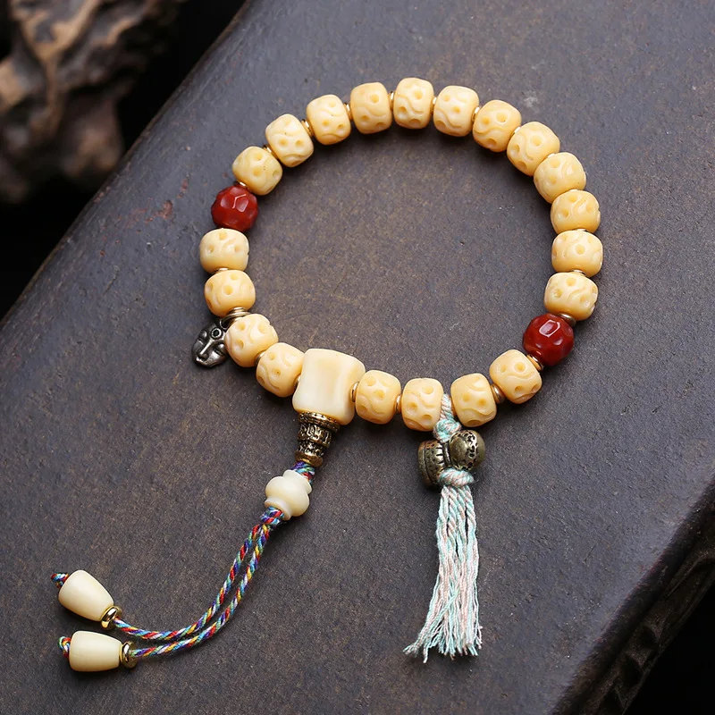 Single-Strand Bracelet With Retro Meteorite Pit Beads, Red Agate, Yak Bone, Three-Way Connector, And Cloud Pendant A