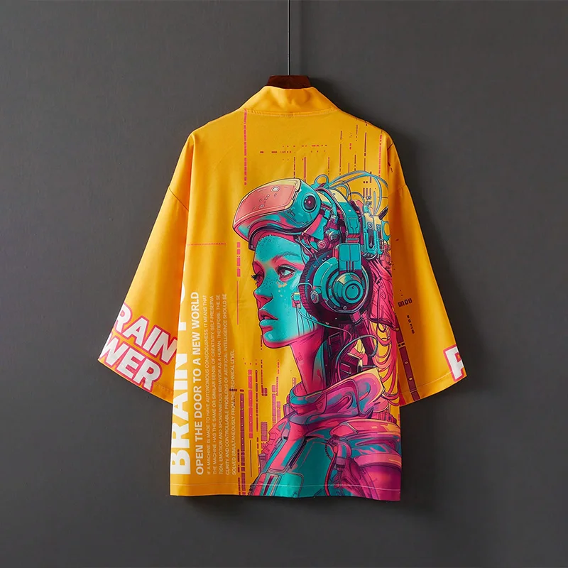 

European and American Retro Loose Fashion Trendy 3D Anime Character Print Kimono Cardigan Top Summer Plus Size Women's Beach Vacation Swimsuit Cover-Up Clothing