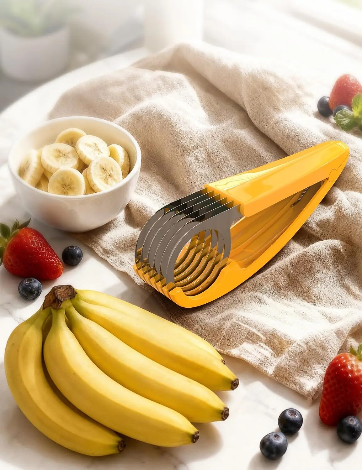 Banana Slicer,ABS + Stainless Steel Fruit and Vegetable Salad Peeler Cutter Kitchen Tools For Banana,Strawberry,Grape