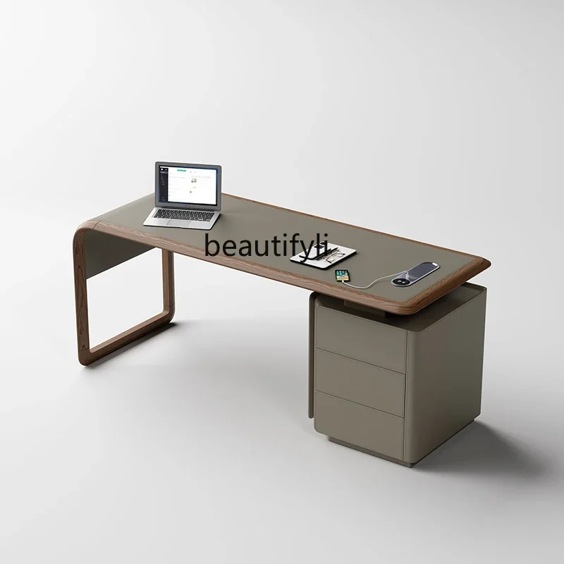 Vintage Style Saddle Leather Office Desk Italian Minimalist with Side Cabinet Computer Desk Solid Wood Creative Desk Chair