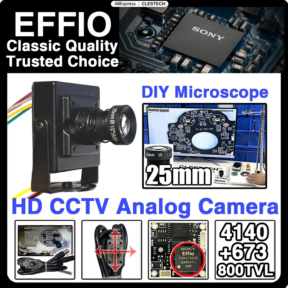 

35mm 25mm DIY Microscope Sony Effio HD Analog Mini Camera 800TVL CCD 4140+673 OSD Menu Car/industry Magnifier IC Welding Monitor