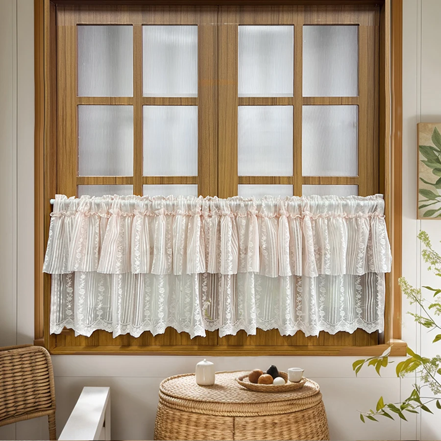 Rose Floral Pink Jacquard Double Layer Ruffled Short Curtains For Kitchen Decoration ,Romantic Style Small Window Tulle Drapes