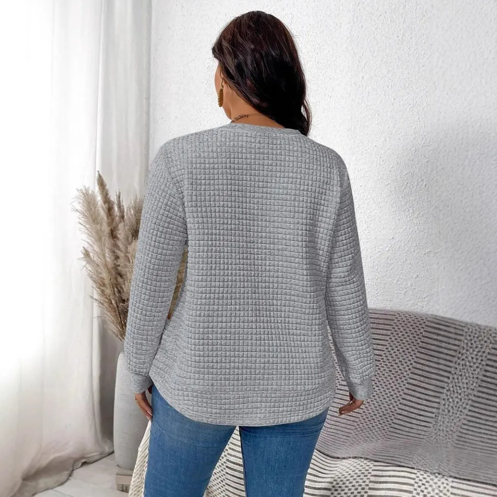 

Женская футболка большого размера с длинными рукавами, повседневная однотонная квадратная клетчатая футболка с дуговым подолом, пуловер, топ, весенний новый стиль