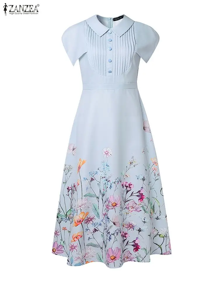 Sukienka ZANZEA 2025, stylowa, z nadrukiem, elegancka sukienka biurowa damska, z kołnierzykiem, rękawami z mankietami, midi, z talią, w kształcie litery A, sukienka na imprezę, letnia sukienka.