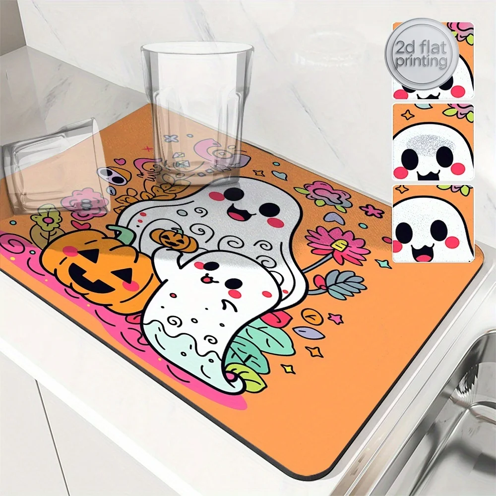 Halloween Dish Drying Mat 1PC - Cartoon Ghost and Pumpkin Print, Absorbent Kitchen Countertop Draining Pad, Polyester Cover, Non