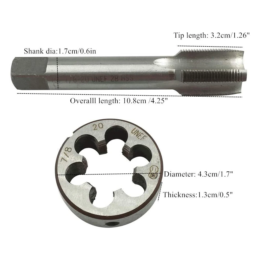 

HSS 7/8-20 UNEF Tap&7/8-20 UNEF Die Right Hand 113.4mm Length 44.8mm Diameter 12.6 Mm Height High Quality Handle Tool Set