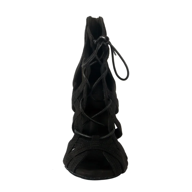 Wedopus 블랙 인조 스웨이드 라틴 댄스 앵클 부츠 여성용 9CM 하이힐 살사 댄스 슈즈 스웨이드 솔 피프 토