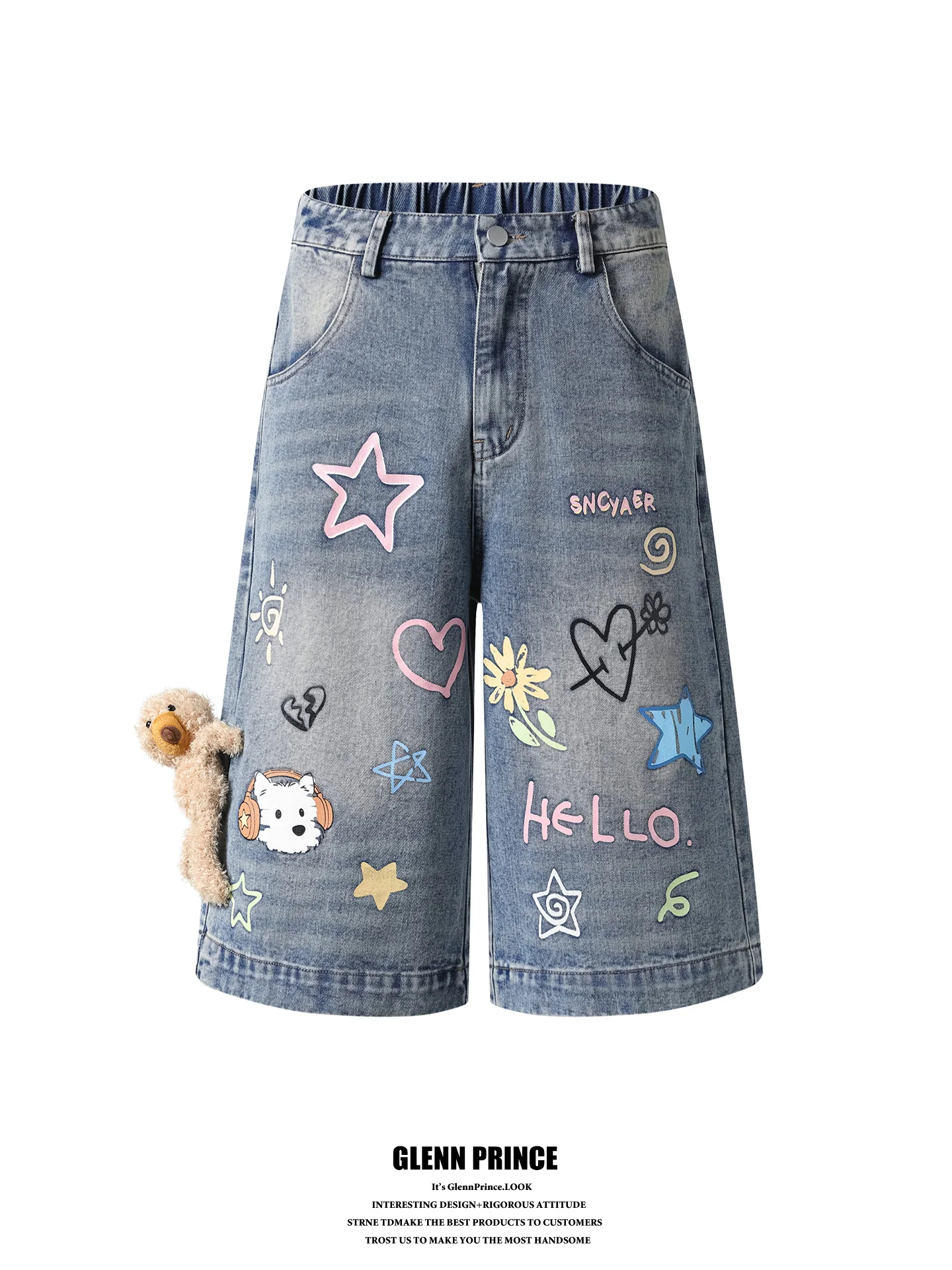 

GPstudio American Retro Graffiti Bear Doll Denim Shorts Unisex Lazy Loose Straight Leg Jeans Youth Fashion Casual Cotton Blend