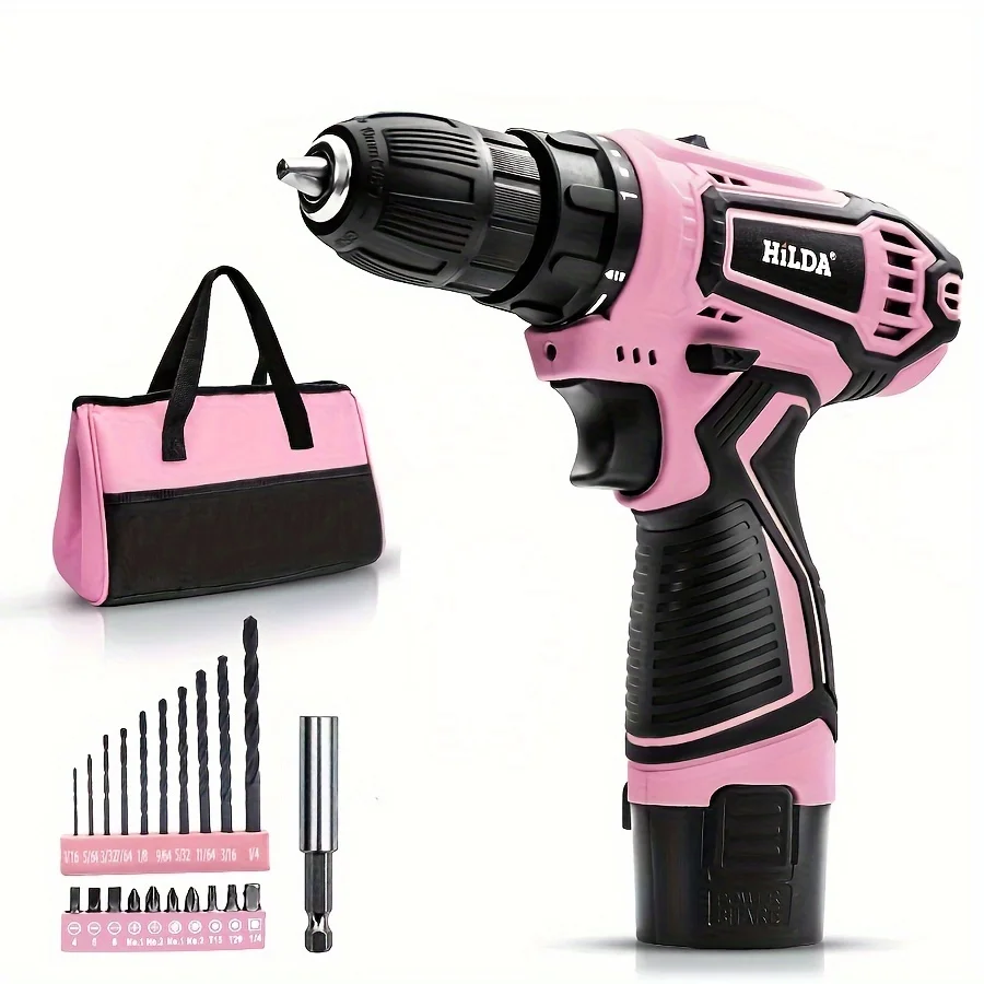 

HILDA Pink Electric Drill 12V Cordless Drill Electric Screwdriver Mini Wireless Power Driver DC Lithium-Ion Battery With bag