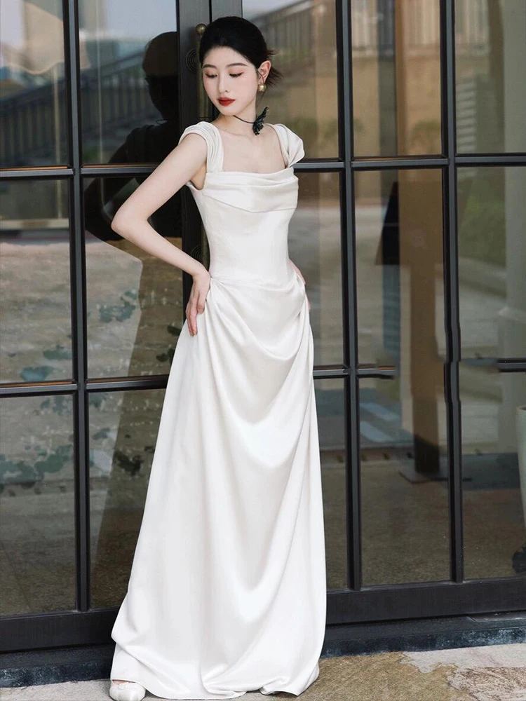 

Silk Satin Lightweight Bridal Gown Simple One oulder Engagement Ceremony Wedding Dr White Outfit with Belt Medium Waist