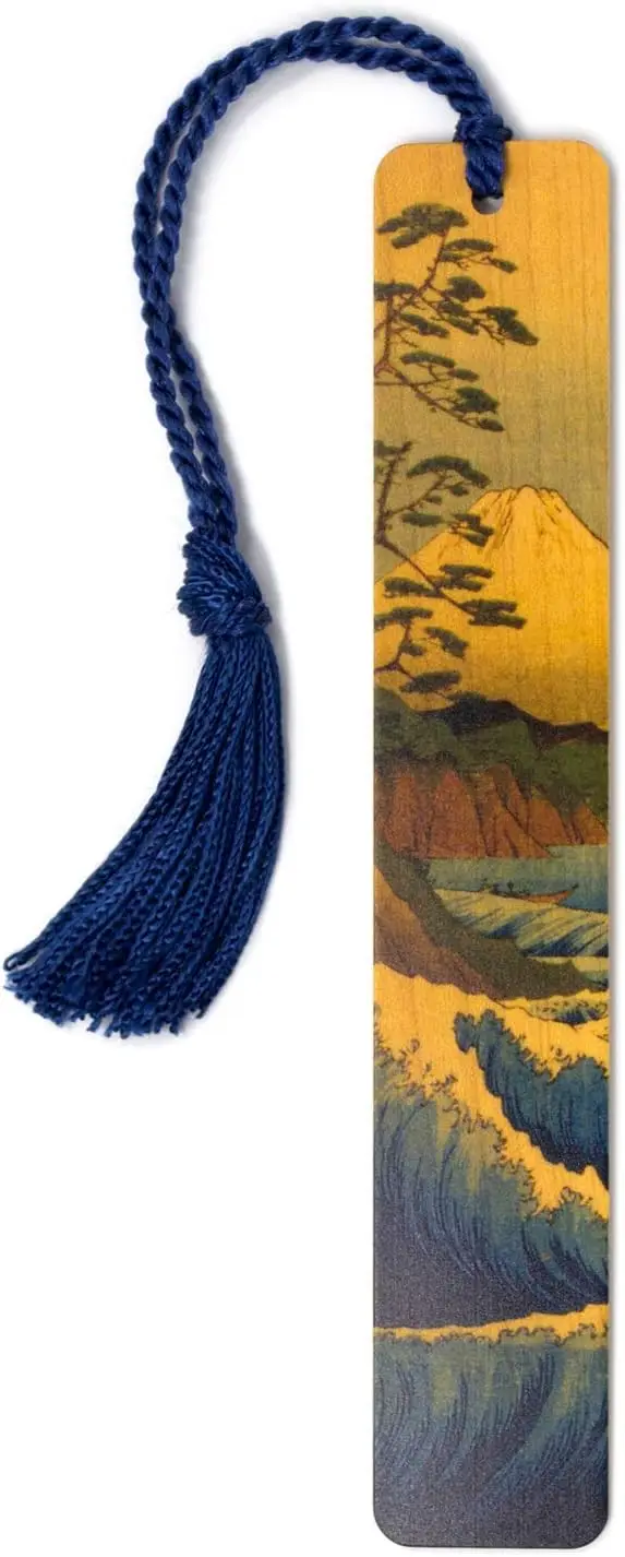 

Японская деревянная закладка для книг с изображением горы Фудзи, персонализированный подарок - ручная работа, сделано в США