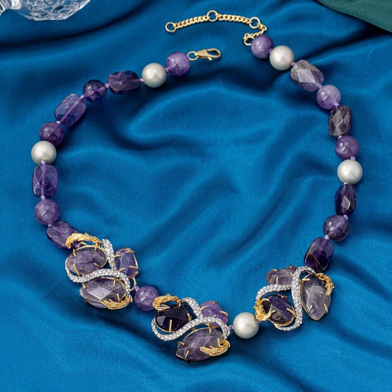 

Europe and America Fashionable copper gold-plated zircon inlaid amethyst necklace vintage jewelry accessories for women
