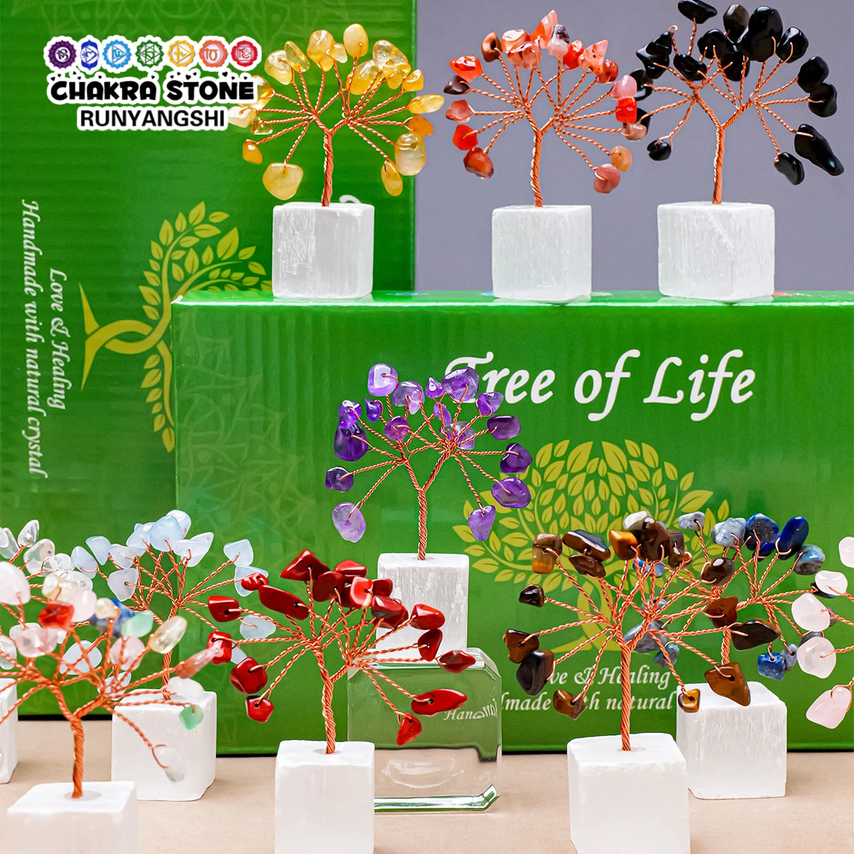 12PCS Natural Crystal Tree Crystal Selenite Base Set Life Specimen Home Decoration Christmas Halloween Set Gifts