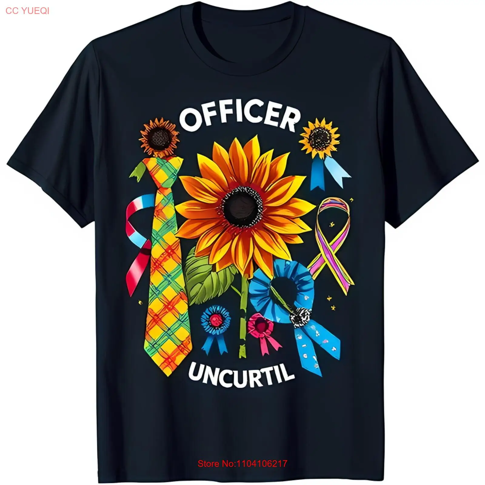 

Vibrant Black T-Shirt with Sunflower Graphic & Colorful Ribbons for