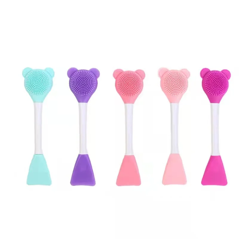 15cm silicone bear skin care beauty makeup brush, DIY facial mask spatula, double head silicone nose brush colorful bag