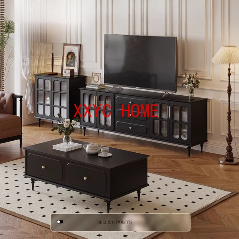 Living room, TV cabinet, coffee table, simple modern small apartment, heightened black French