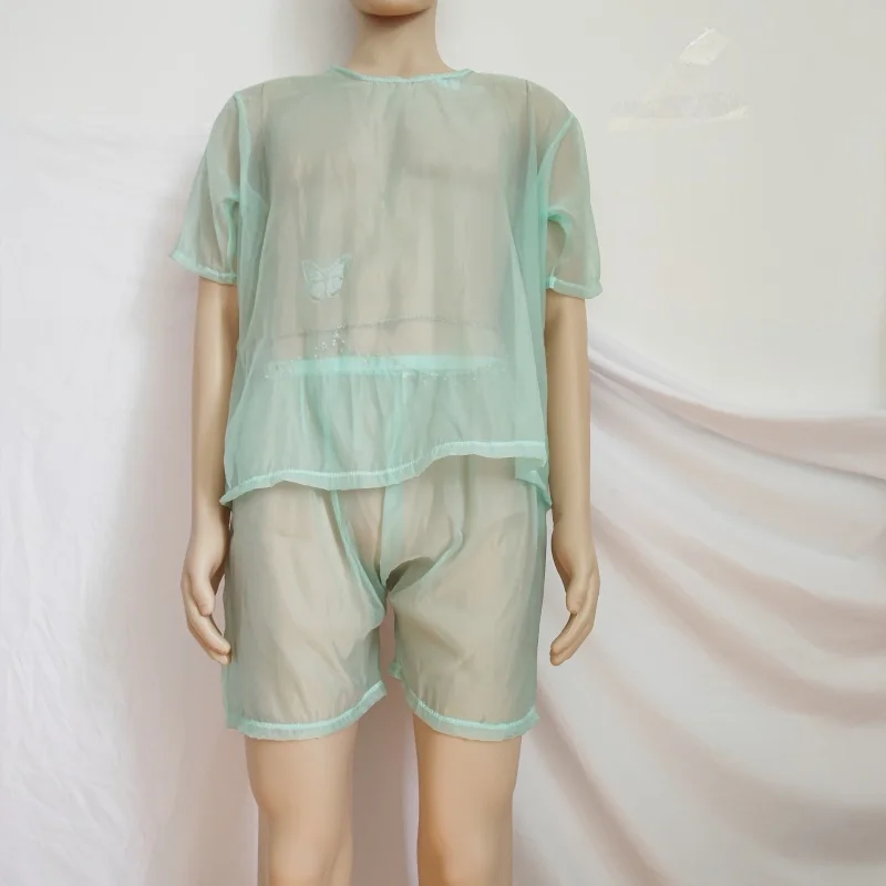 Sexy Men Glossy Silky Smooth See Through Comfortable Loose T-shirt Shorts Women Erotic 2 Pieces Set Plus Size Top Shorts Pajamas