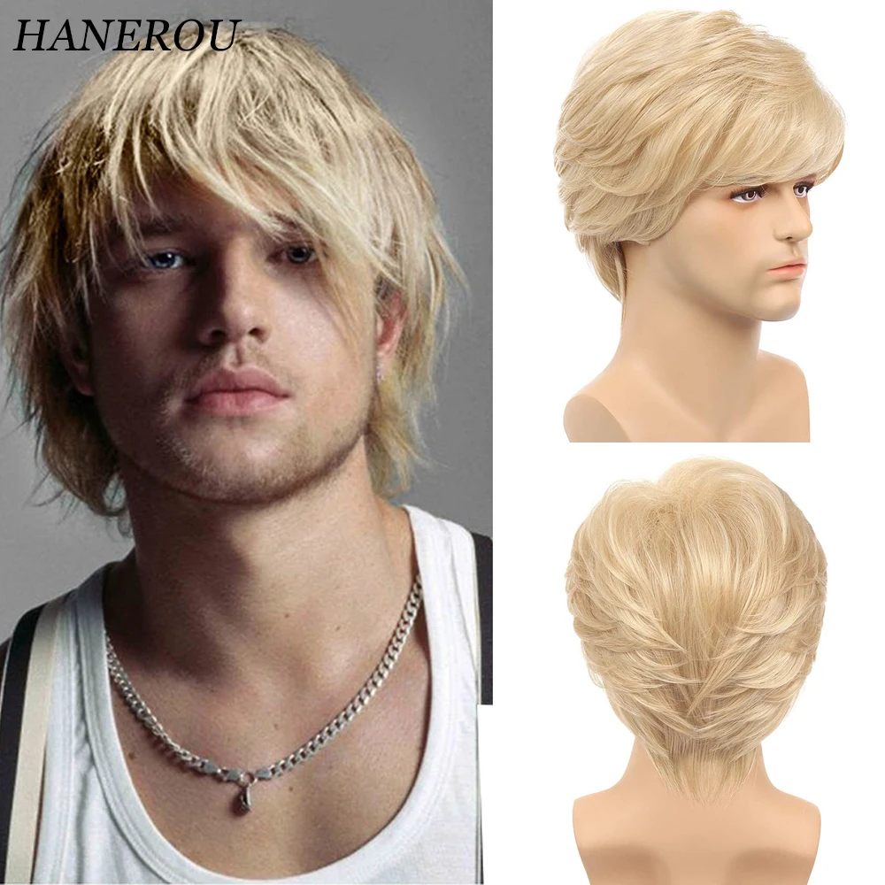 HANEROU Men\'s Short Wigs Blonde Synthetic Straight Natural Fluffy Hair Wig Heat Resistant for Daily Party Cosplay