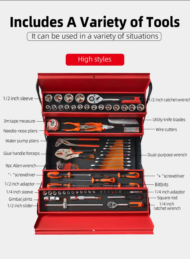 85-Piece High Quality Tool Set Home Application Including Sockets Screwdrivers Wrenches Pliers Drills Hand Tools Packaged Box