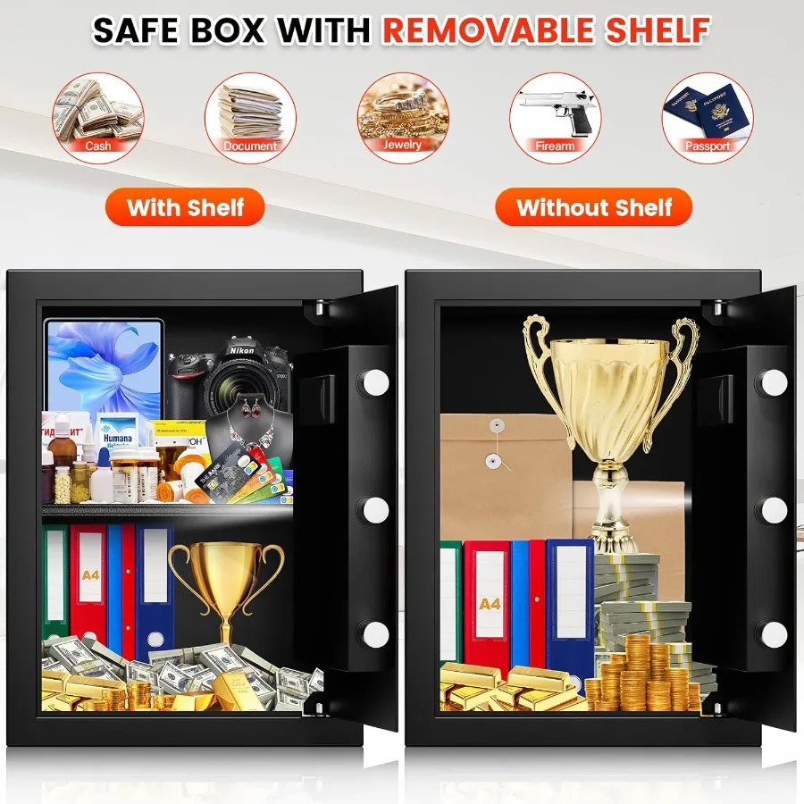 1.6 Cuft صندوق الأمان البيومتري مقاوم للحريق آمن للمستندات المنزلية مع قفل بصمة مجموعة مفاتيح لوحة المفاتيح المضادة للسرقة المزدوجة Ale #5