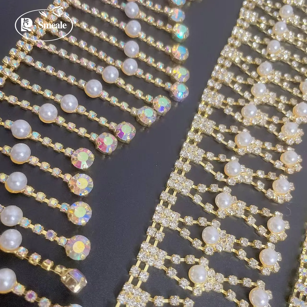 5-1 Yards. Strass-Quaste. Handgefertigte gewellte Strass-Kette, DIY-Hochzeitskleid-Dekoration, Kleidungszubehör. Perlenbesetzter Fransenbesatz. – Detail 4