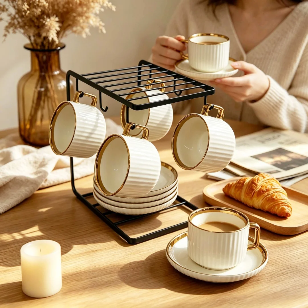 6Pcs Gold Rim Ceramic Coffee Cup Saucer Set with Black Metal Mug Rack Vertical Cup Holder Tea Mugs Kitchen Storage