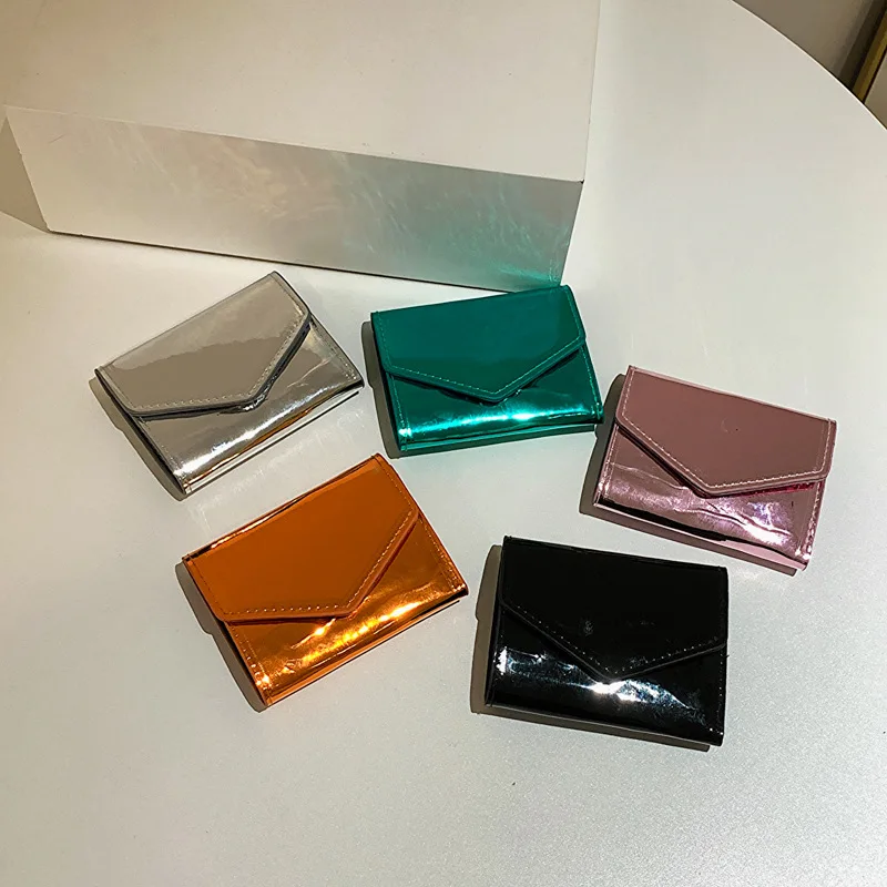 Fashion Women\'s Short Wallets Simple Fashion Card Holder Purse PU Leather Laser Bright Surface Three Fold Wallet Mini Clutch