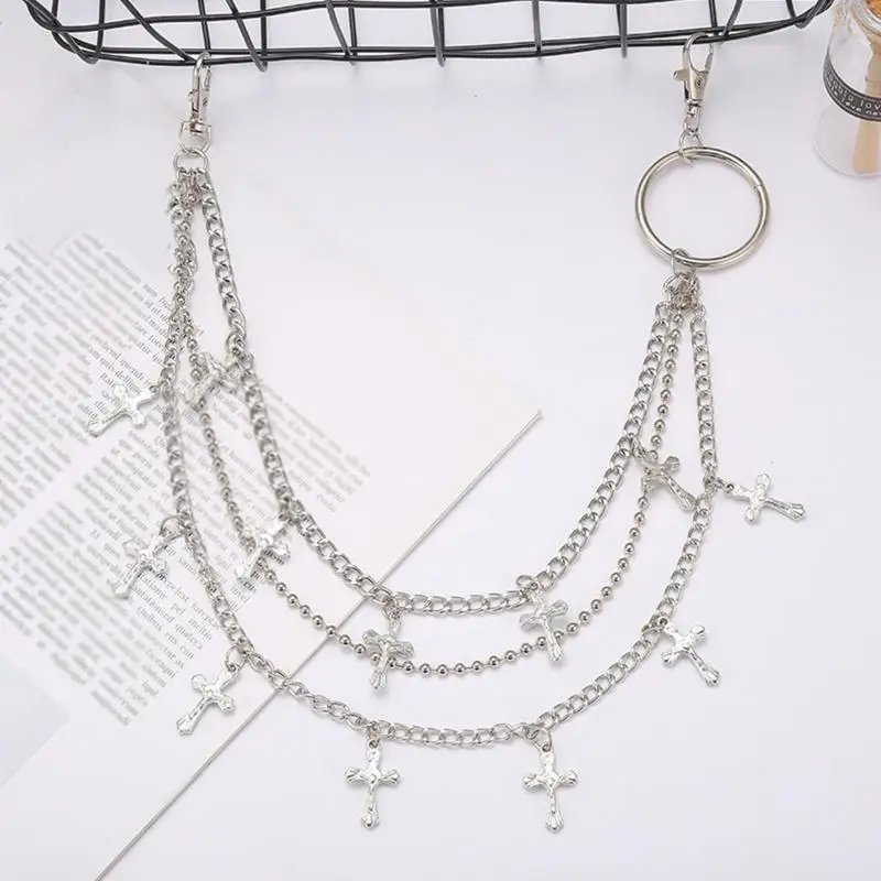 P9FE موضة هاراجوكو المرأة الشرير حزام على شكل سلسلة متعدد الطبقات الصليب سلسلة بدلاية ل J #3