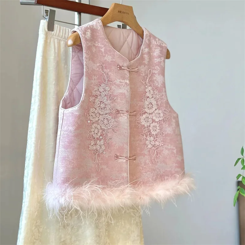 Retro Beautiful Pink new Chinese Embroidered Vest with Cotton Clip Spring and Autumn Buckle Wearing Ostrich Hair Sleeveless Vest
