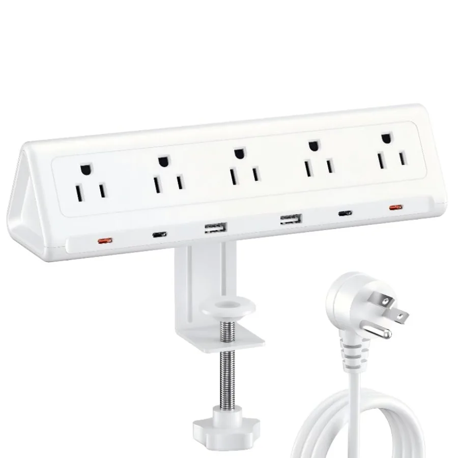 

Desk Clamp Power Strip with 5 AC Outlets and 6 USB Ports PD 40W USB-C Fast Charging, 1250J Surge Protector, Fits 2.1 in top Edg