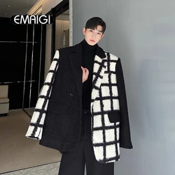 Men Autumn Winter Plaid Lambswool Splice Fashion Oversize Loose Casual Blazer Suit Jacket Male Vintage Wool Coat Outerwear