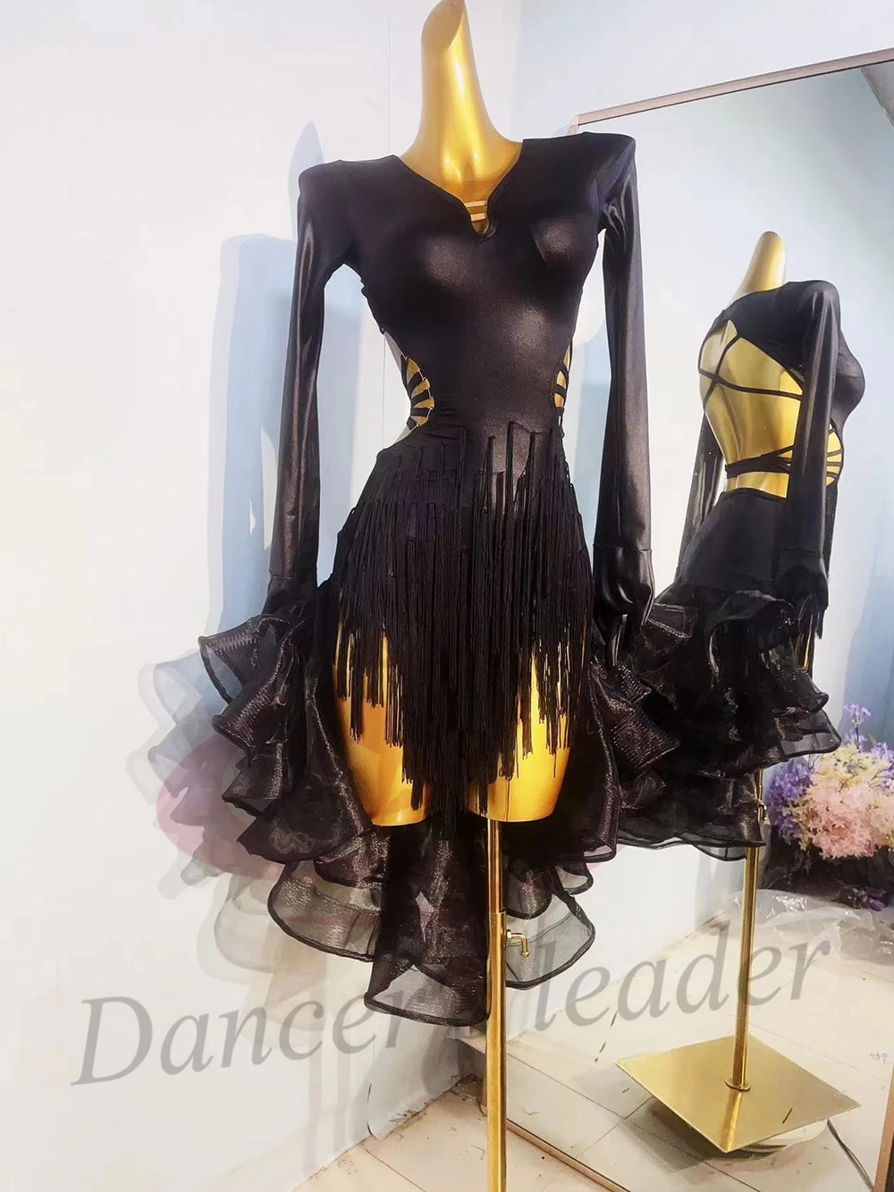 Costume da ballo latino AB Stone Donna Adulto Bambini Gonna con frange in rete personalizzata di fascia alta Abito da spettacolo per samba da piscina nero