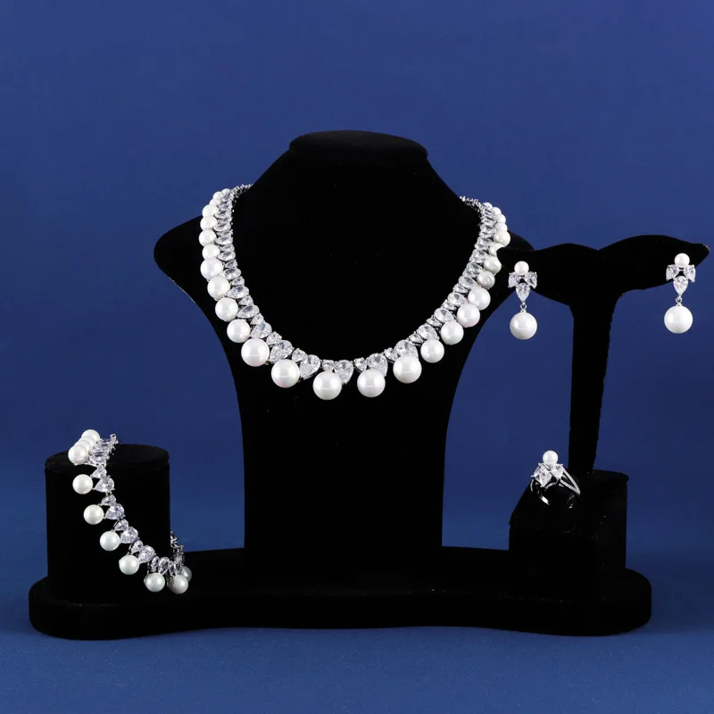 EYER Luxurious 4PCS Wedding Party Dress Jewelry Sets for Bridal Brides maid Jewelery Pearl Drop Earrings Necklace Bracelet Sets