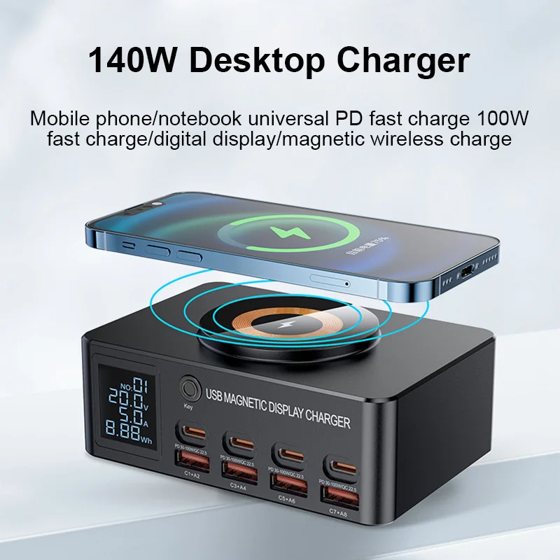 

WLX-818DP 8-Port Multi-device Wireless Charger for IP Pad Tablet 140W High Power Overheat Protection PD+QC3.0 Fast Charging Tool