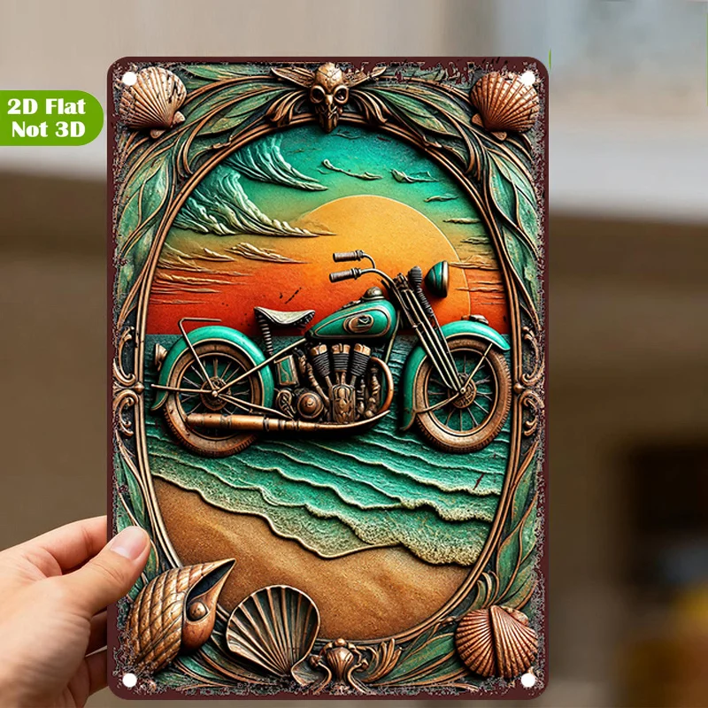 CIFBUY Vintage 2D Flat Motorcycle Tin Sign Waterproof Metal Wall Art Ocean Theme Skull Poster For Home Cafe Garage Decor Gift