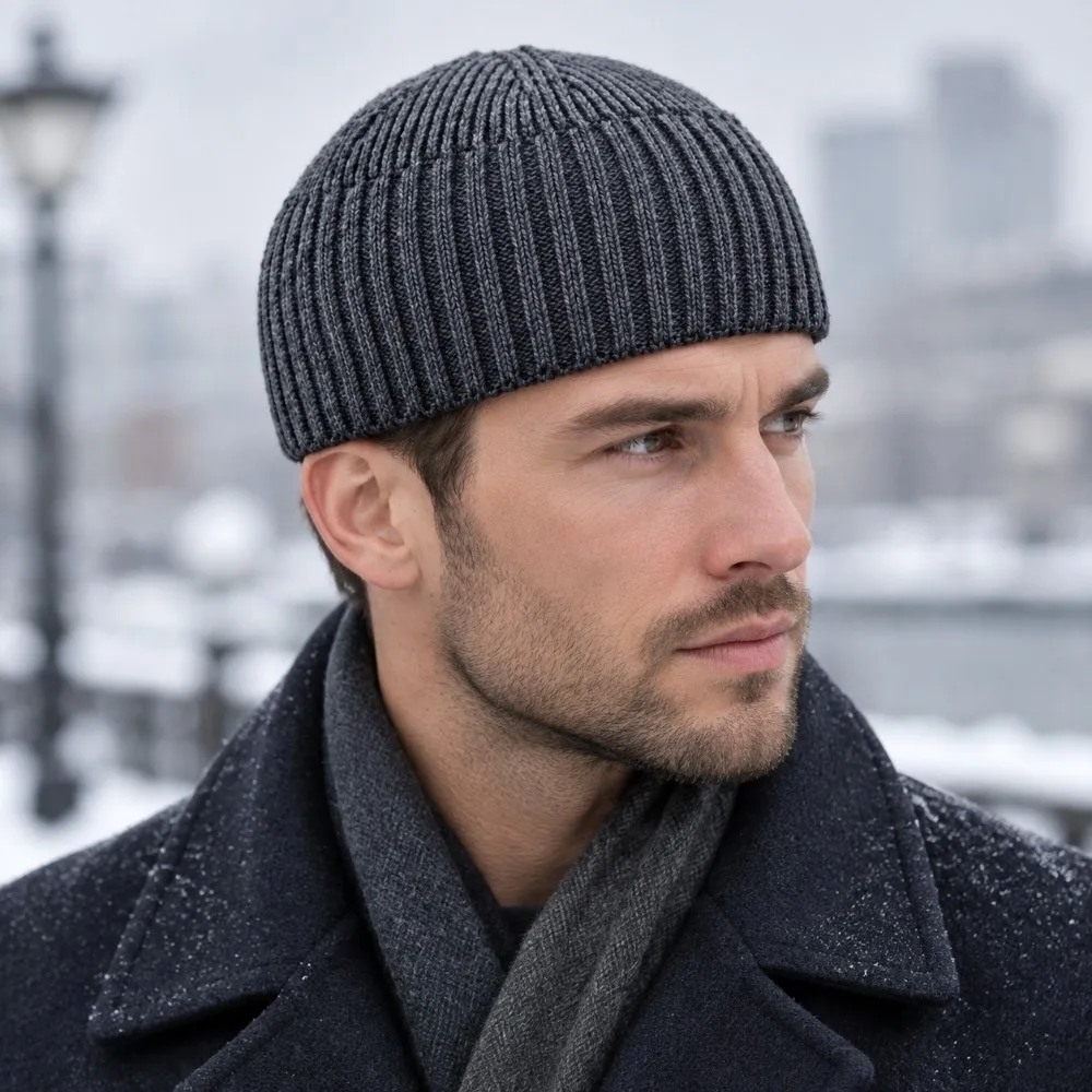 Fashion Soft Striped Knitted Beanie Thermal Solid Color Short Crochet Landlord Cap Windproof Lightweight Warm Men Cap Driving