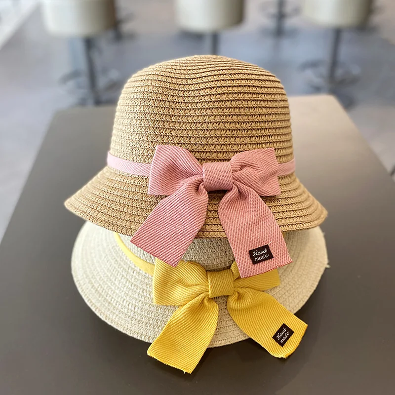 Chapeau de paille avec nœud papillon pour filles, casquettes de soleil pour bébé, chapeau de plage pour enfants, chapeau anderpour filles, été