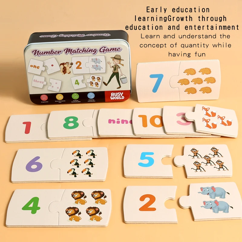 Scatola di ferro per bambini Numero di illuminazione accoppiato Gioco di animali in legno Puzzle Board Gioco di allenamento per pensiero logico Giocattoli educativi
