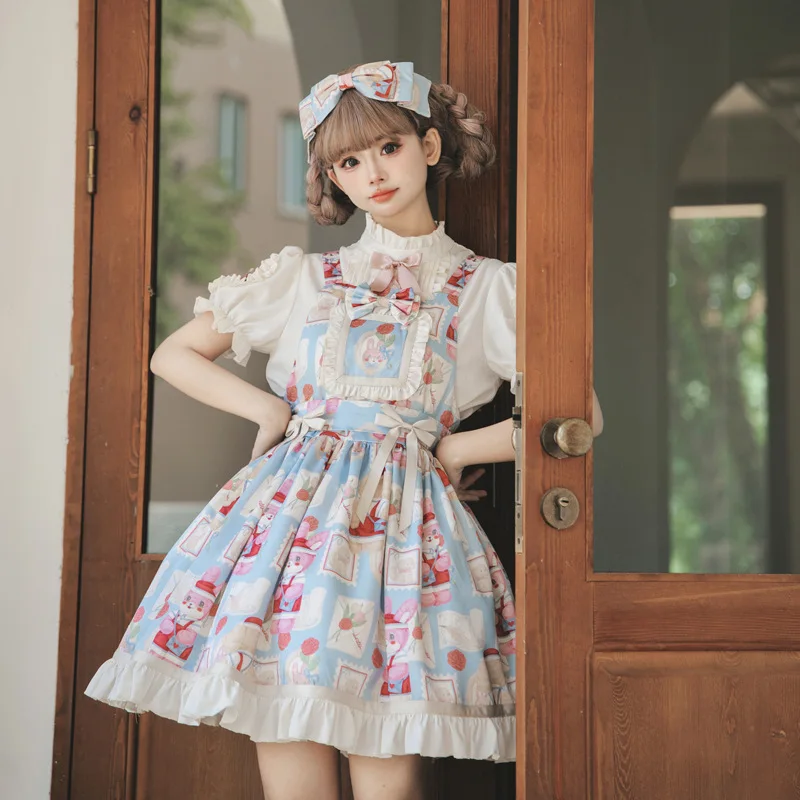 الأصلي اليابانية الحلو لطيف JSK فستان القوس الكرتون المطبوعة عالية الخصر ألف خط تنوعا Kawaii لوليتا الحمالات فستان قصير المرأة