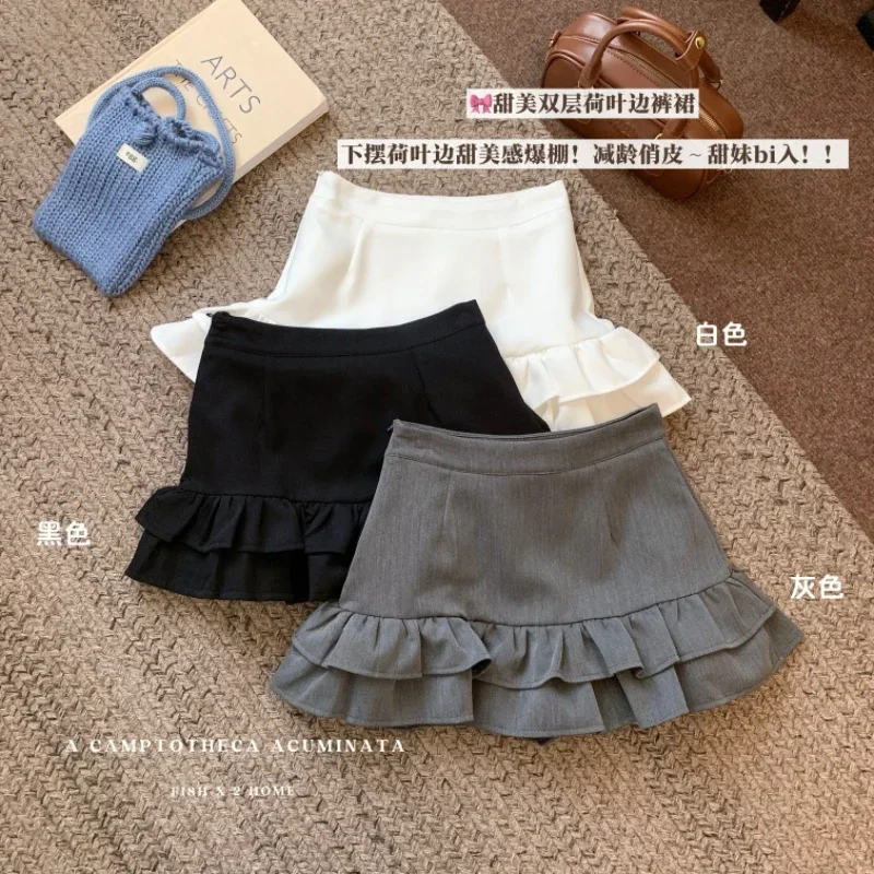 

Sweet Ruffle Tiered Mini Shorts Skirt Black Grey Hight-waisted A-line Pleated Skirts with Safety Pants Korean Japanese Y2K