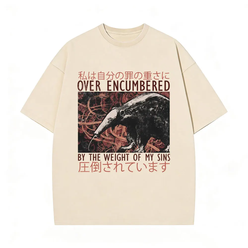 

Over Encumbered By The Weight of My Sins T-shirt Funny Japanese Style Anteater Vintage Washed T Shirt Men Casual Retro T-shirts