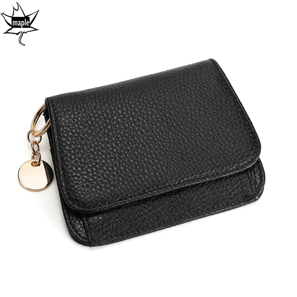 Luxury 100% Cowhide Leather Wallets with Key Ring Lady Small Coin Pocket Rfid Card Holder Mini Money Bag Portable Clutch Pink