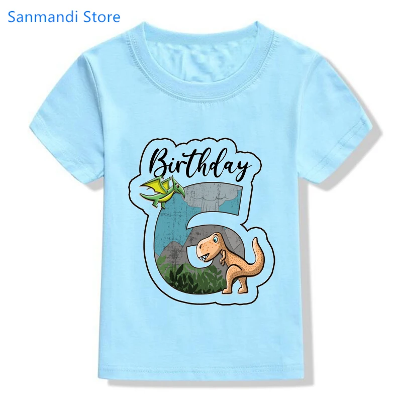 Summer Tops for Girls/Boys Clothes 2th-9th Birthday Gift Jurassic Dinosaur Graphic Print T-Shirt Harajuku Kawaii Blue Tshirt