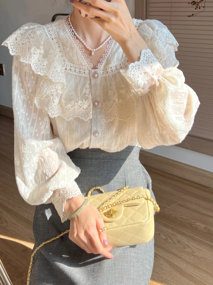 Vintage Women Shirts Lace Lolita Elegant Long Sleeve French Flounce Blouse Office Lady New Fashion Chic Female Tops Sweet Autumn