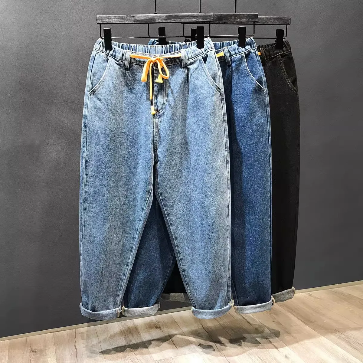 Men's Retro Drawstring Elastic Waist Nine-point Dad Jeans Loose Fit Versatile Harem Denim Pants