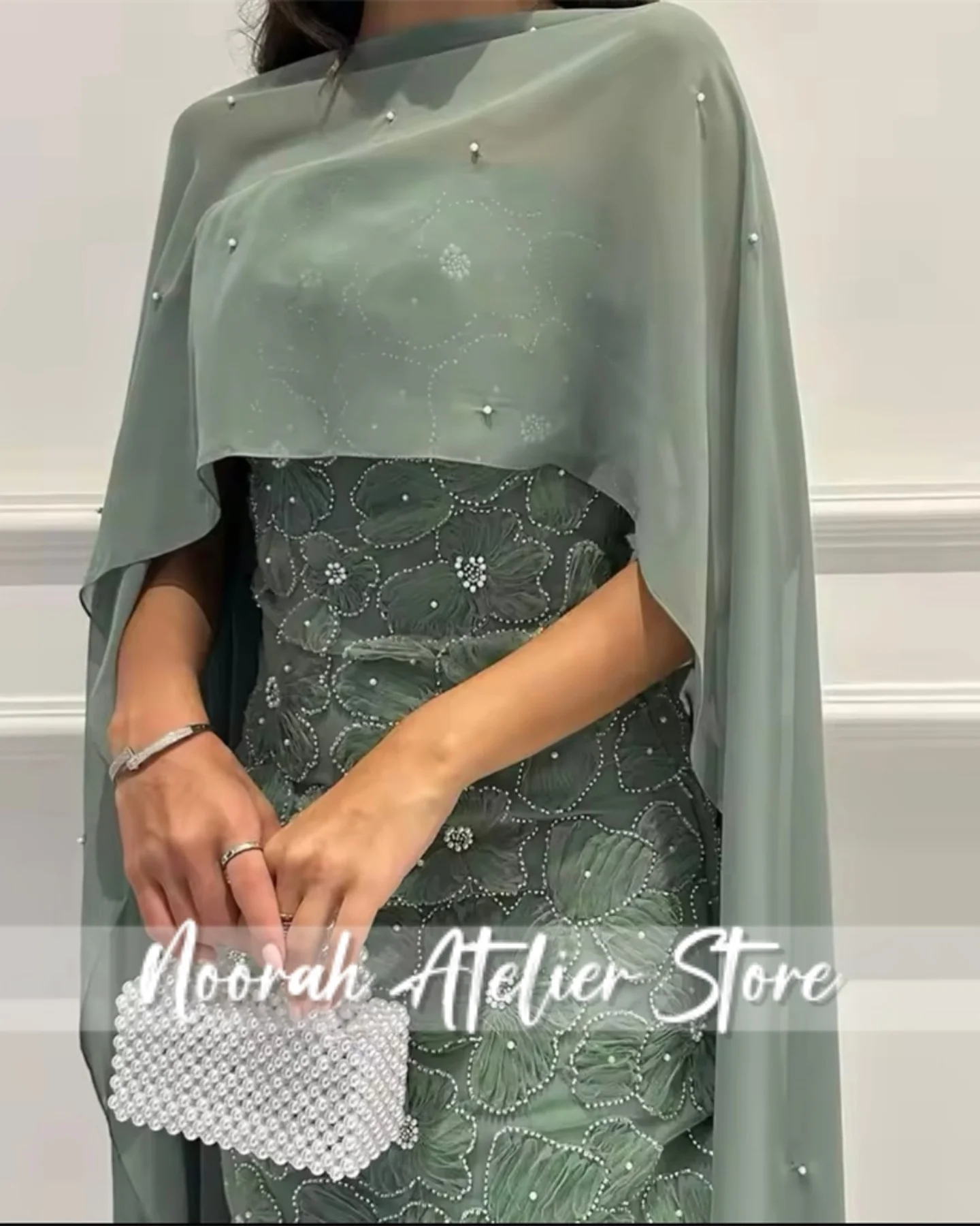 فساتين سهرة نسائية فاخرة بأكمام طويلة على شكل زهرة خضراء حكيمة 2025 تول كيب فستان زفاف نسائي المملكة العربية السعودية طويل مخصص