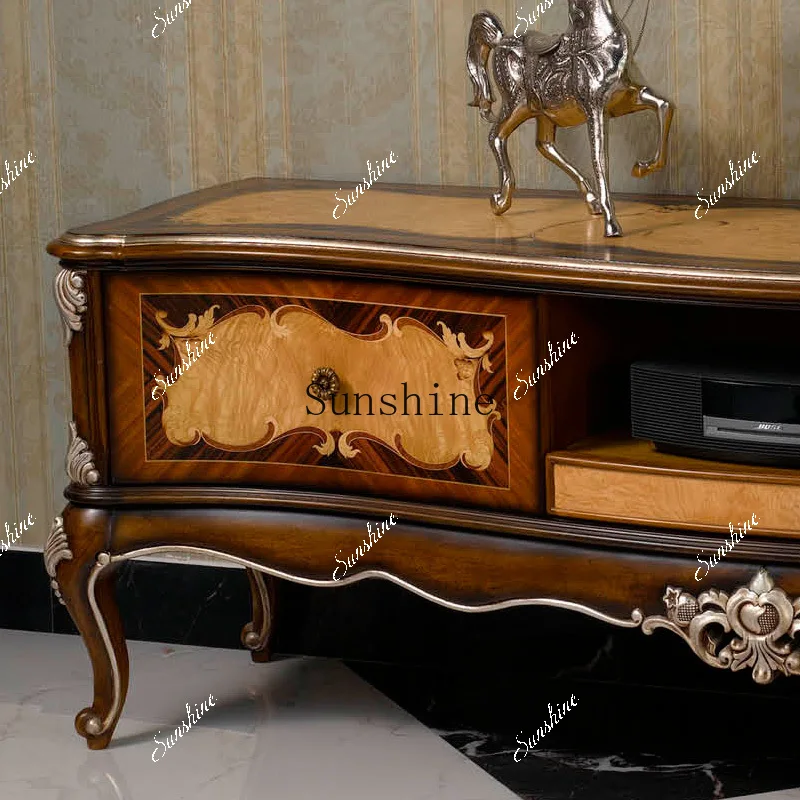 

French luxury villa solid wood floor-to-ceiling audio-visual cabinet large apartment TV cabinet FT